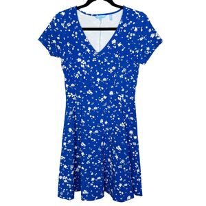 Draper James XSmall XS Blue White Floral Printed Fit and Flare Ponte Dress VNeck